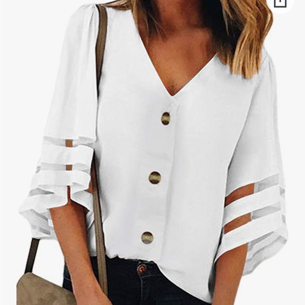 BLENCOT Women's Plus Size Chiffon Blouse Shirt 3/4 Bell Sleeve Deep V Neck